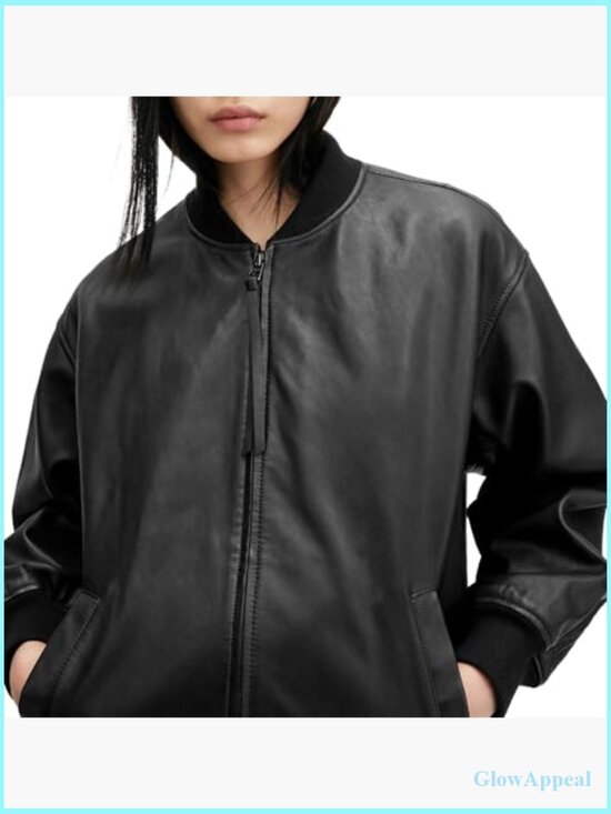 Oversized Leather Bomber Jacket with Metal Hardware, Longer Length - Picture 2 of 5
